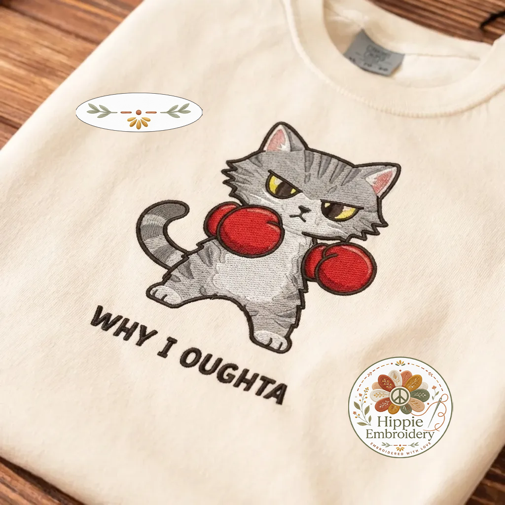 Comfort Colors Why I Oughta Cat Embroidered T-Shirt, Boxing Cat Tee