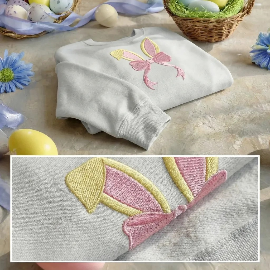 Coquette Bunny Ears Embroidered Sweatshirt, Pink Bow Top