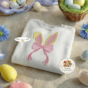 Coquette Bunny Ears Embroidered Sweatshirt, Pink Bow Top