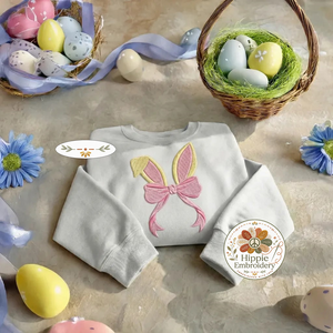 Coquette Bunny Ears Embroidered Sweatshirt, Pink Bow Top