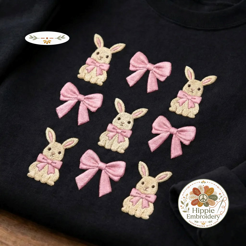 Coquette Bunny Embroidered Sweatshirt, Pink Bow Rabbit Top