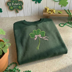 Coquette Shamrock Embroidered Sweatshirt, Pink Bow Irish Top