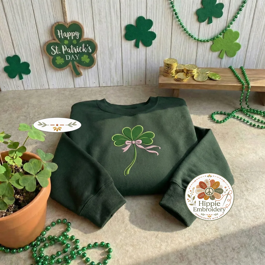 Coquette Shamrock Embroidered Sweatshirt, Pink Bow Irish Top