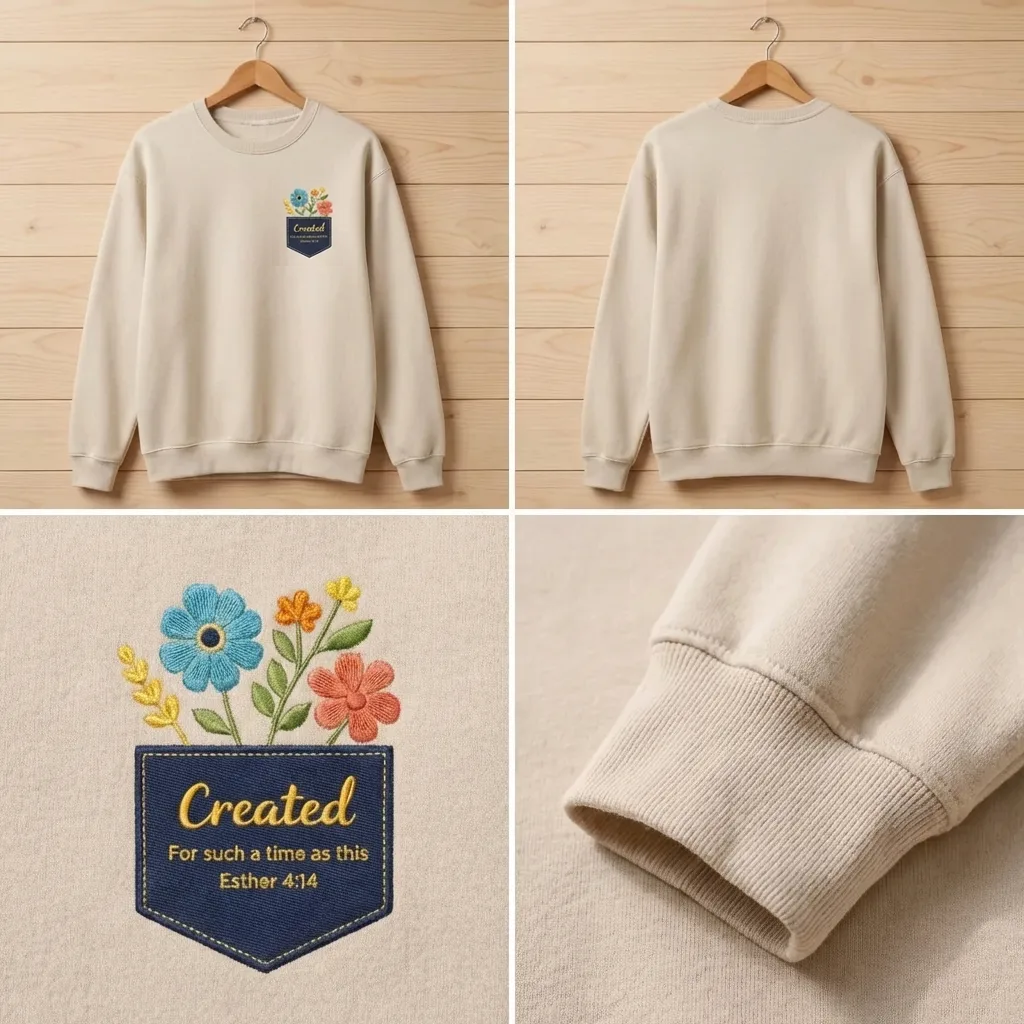 Created For Such A Time As This Shirt, Floral Faux Pocket Crew
