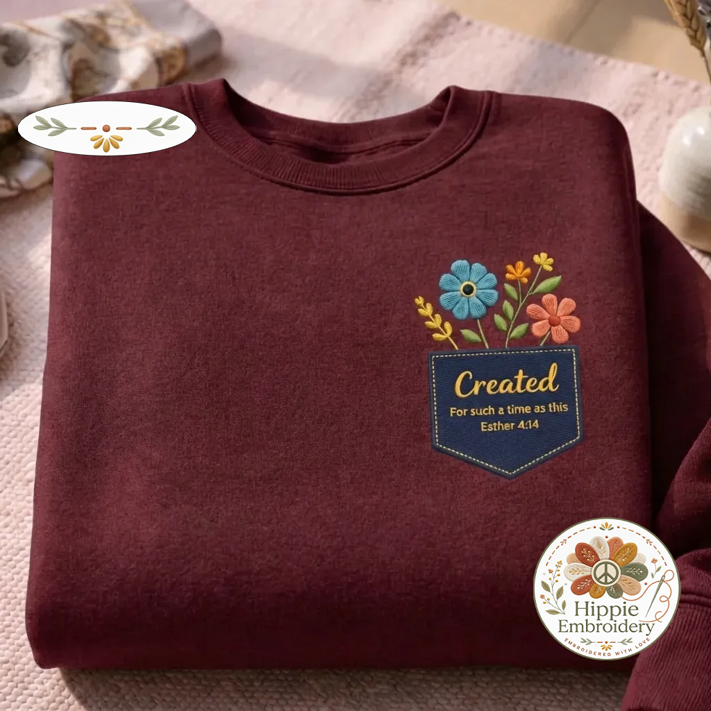 Created For Such A Time As This Shirt, Floral Faux Pocket Crew