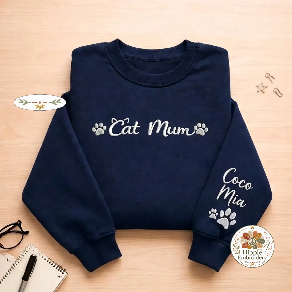 Custom Cat Mum Sweatshirt with Names on Sleeve, Cat Lover Gift