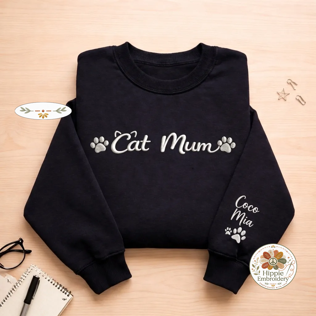 Custom Cat Mum Sweatshirt with Names on Sleeve, Cat Lover Gift