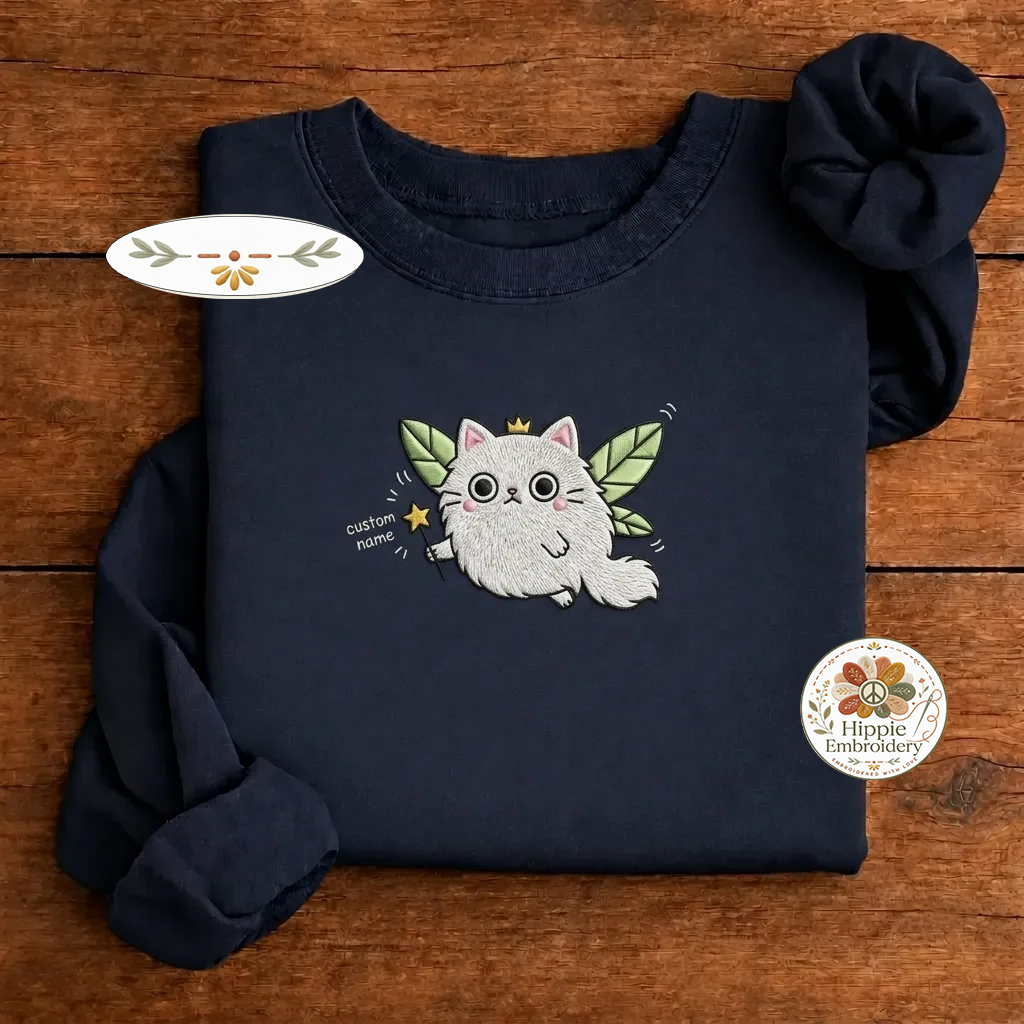 Embroidered Custom Cat Name Sweatshirt, Funny Cat Fairy Tail Crewneck, Personalized Angel Wings Kitten Shirt, Cute Pet Lover Gift Pullover - 1007