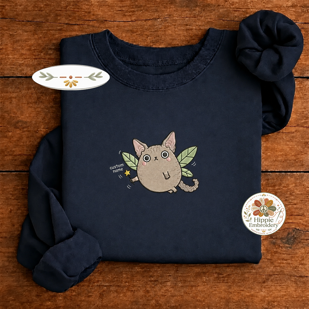 Embroidered Custom Cat Name Sweatshirt, Funny Cat Fairy Tail Crewneck, Personalized Angel Wings Kitten Shirt, Cute Pet Lover Gift Pullover - 1007
