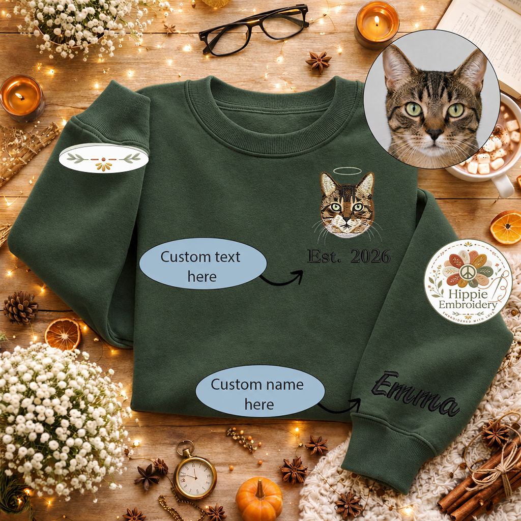 Custom Cat Photo Embroidered Sweatshirt, Angel Halo Memorial Crew