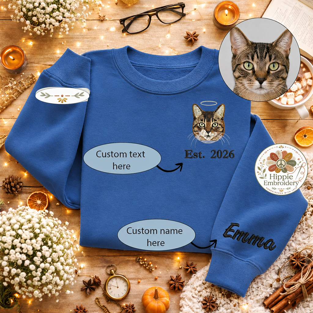Custom Cat Photo Embroidered Sweatshirt, Angel Halo Memorial Crew