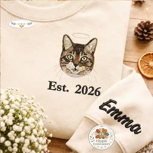 Custom Cat Photo Embroidered Sweatshirt, Angel Halo Memorial Crew