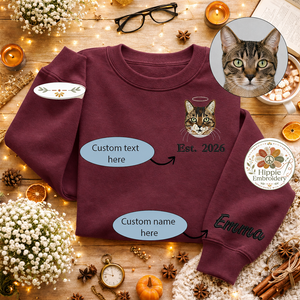 Custom Cat Photo Embroidered Sweatshirt, Angel Halo Memorial Crew
