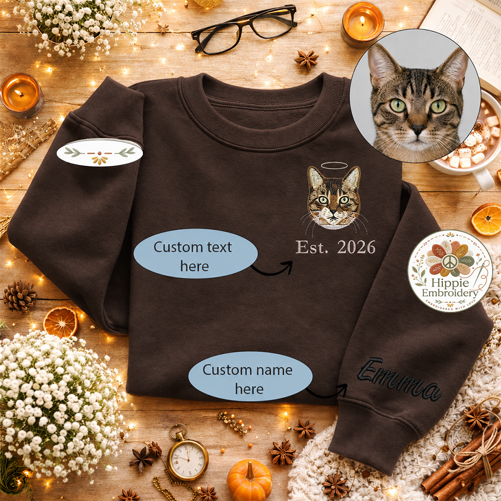 Custom Cat Photo Embroidered Sweatshirt, Angel Halo Memorial Crew