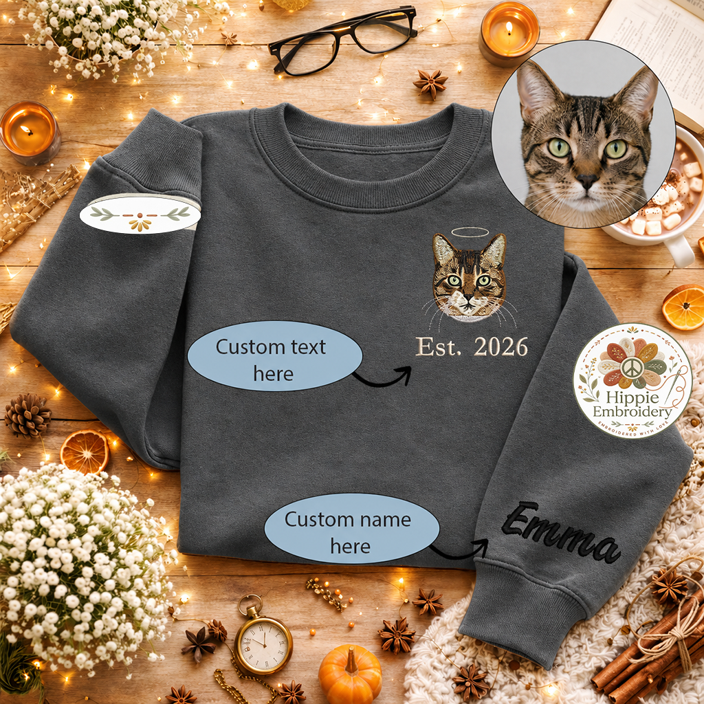 Custom Cat Photo Embroidered Sweatshirt, Angel Halo Memorial Crew
