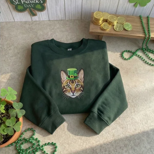Custom Cat Portrait Embroidered Sweatshirt, Irish Top