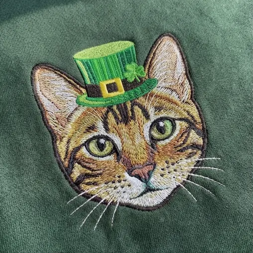 Custom Cat Portrait Embroidered Sweatshirt, Irish Top