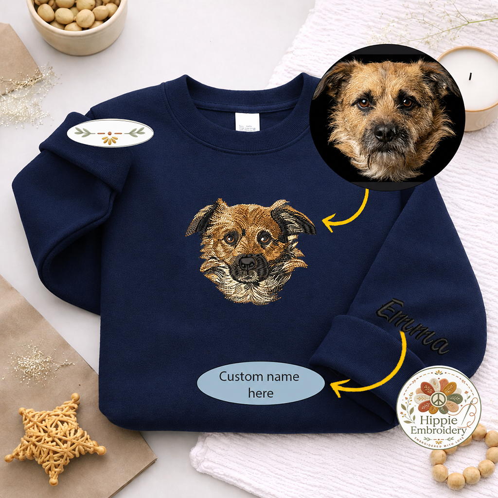 Custom Dog Portrait Embroidered Sweatshirt, Pet Name on Sleeve