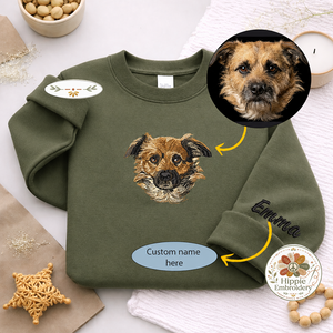 Custom Dog Portrait Embroidered Sweatshirt, Pet Name on Sleeve