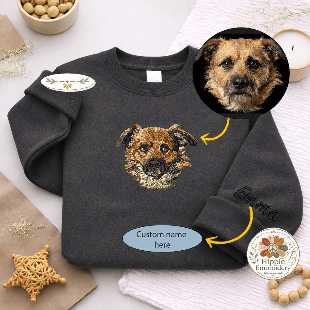 Custom Dog Portrait Embroidered Sweatshirt, Pet Name on Sleeve
