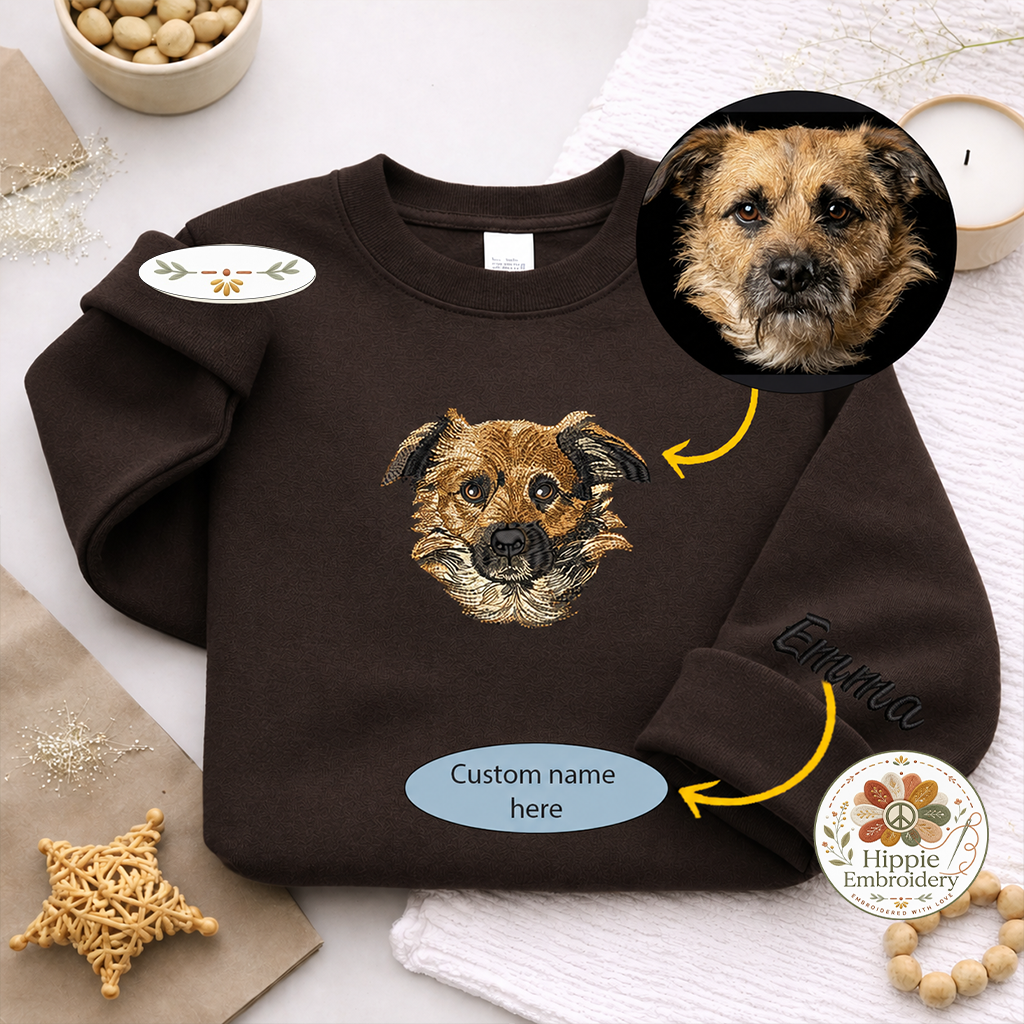 Custom Dog Portrait Embroidered Sweatshirt, Pet Name on Sleeve