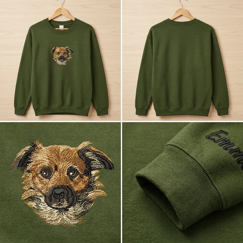 Custom Dog Portrait Embroidered Sweatshirt, Pet Name on Sleeve