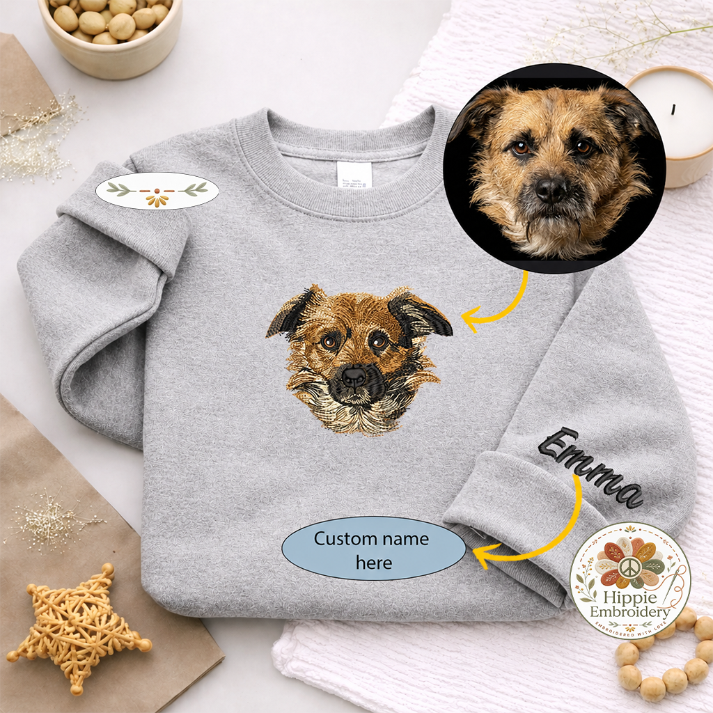 Custom Dog Portrait Embroidered Sweatshirt, Pet Name on Sleeve