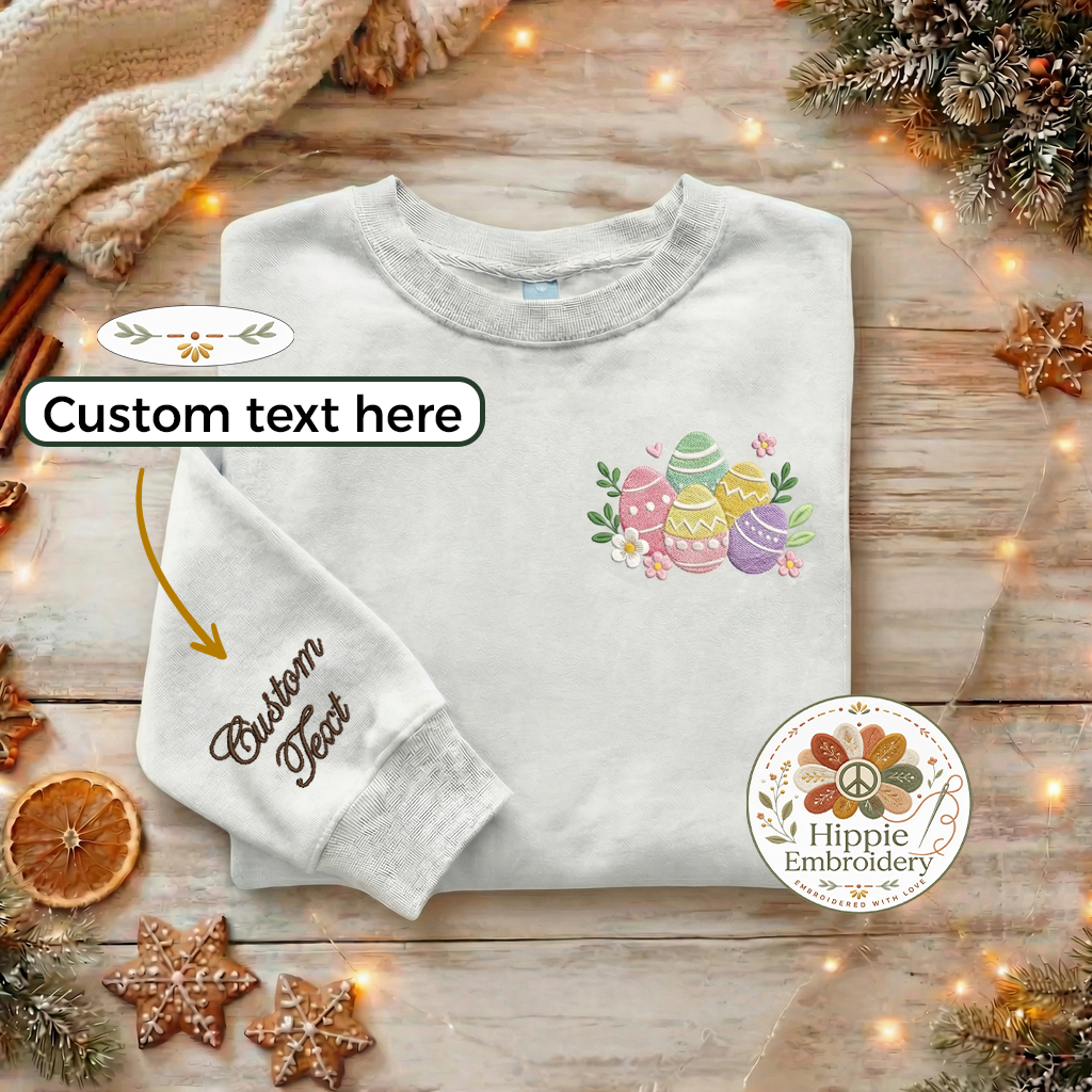 Custom Easter Embroidered Sweatshirt, Bunny & Sleeve Name Top