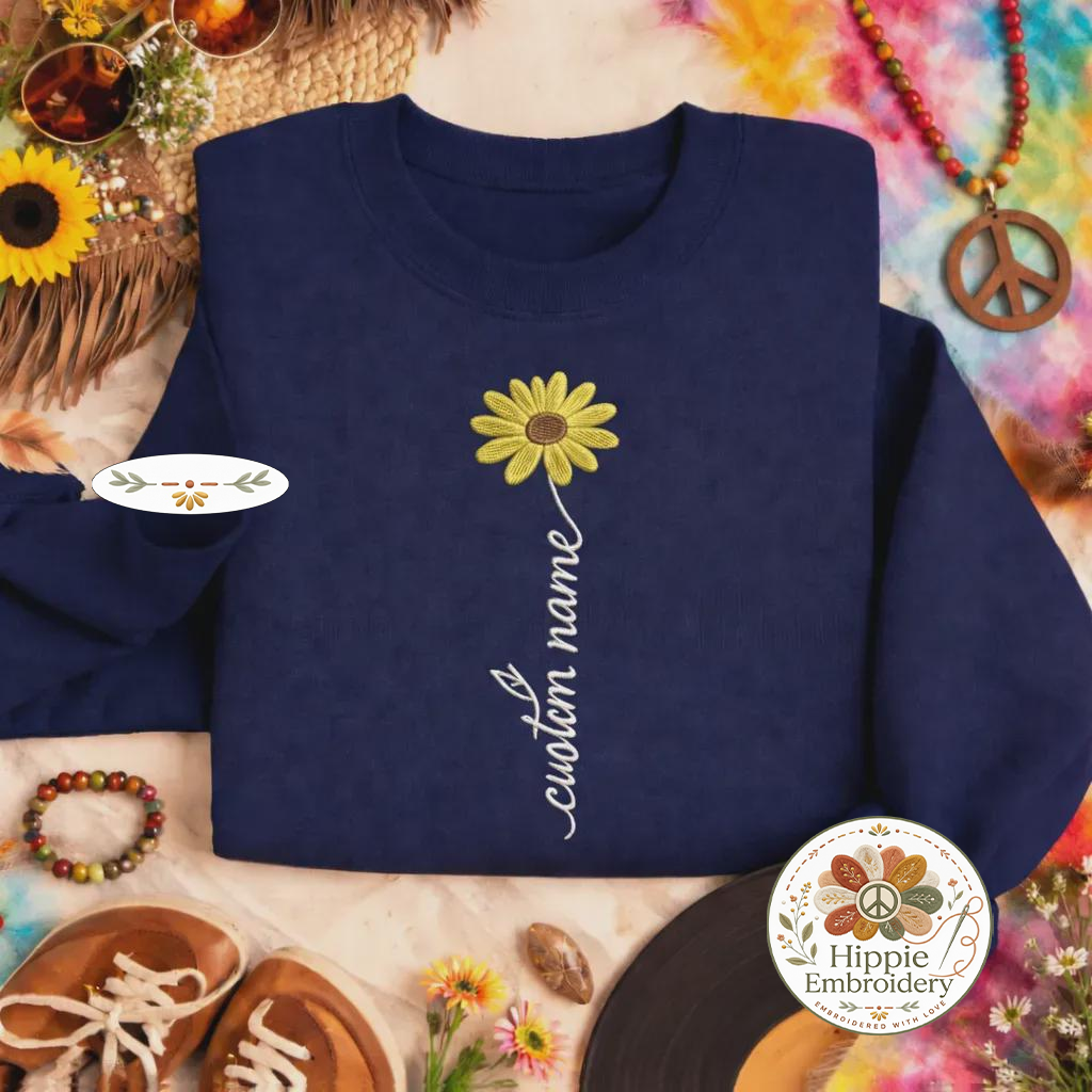 Custom Name Embroidered Sweatshirt, Boho Daisy Flower Top