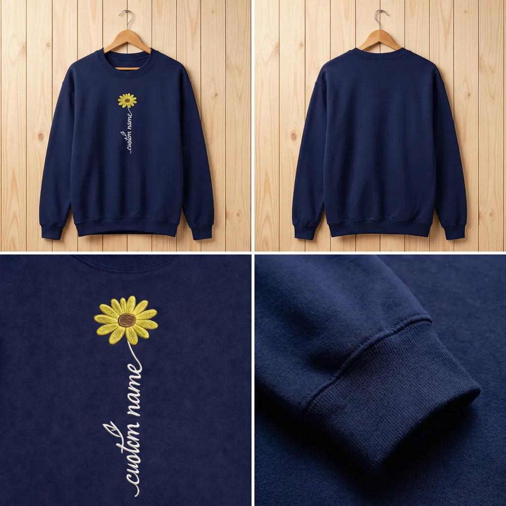 Custom Name Embroidered Sweatshirt, Boho Daisy Flower Top