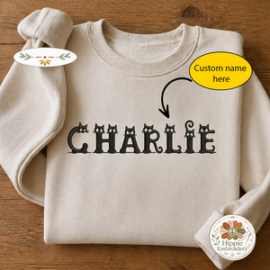 Custom Name Peeking Black Cat Alphabet Embroidered Sweatshirt, Crew