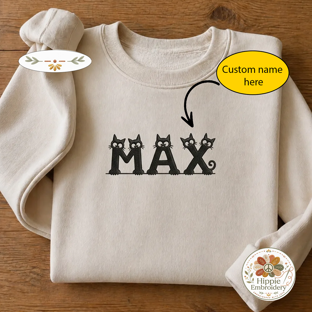 Custom Name Peeking Black Cat Alphabet Embroidered Sweatshirt, Crew