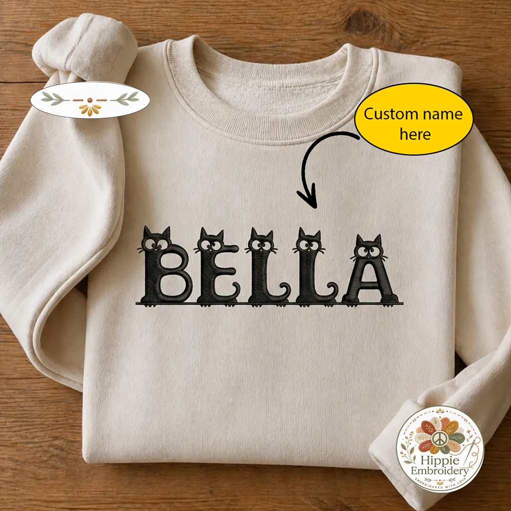 Custom Name Peeking Black Cat Alphabet Embroidered Sweatshirt, Crew