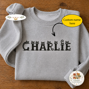 Custom Name Peeking Black Cat Alphabet Embroidered Sweatshirt, Crew