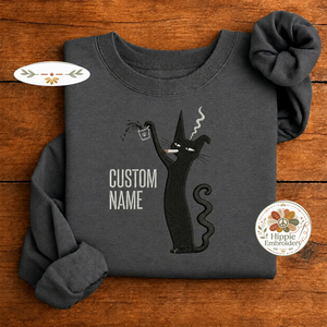 Custom Name Smoking Black Cat Embroidered Sweatshirt, Coffee Crew