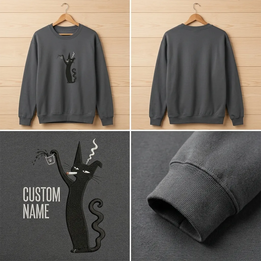 Custom Name Smoking Black Cat Embroidered Sweatshirt, Coffee Crew