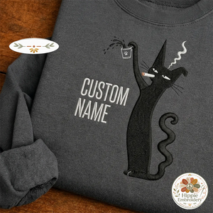 Custom Name Smoking Black Cat Embroidered Sweatshirt, Coffee Crew