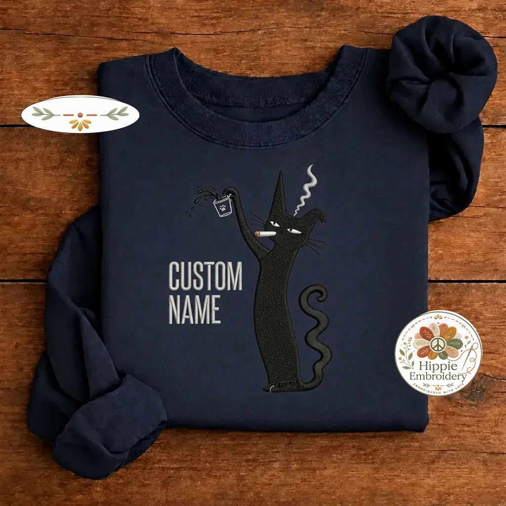 Custom Name Smoking Black Cat Embroidered Sweatshirt, Coffee Crew