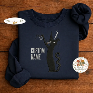 Custom Name Smoking Black Cat Embroidered Sweatshirt, Coffee Crew
