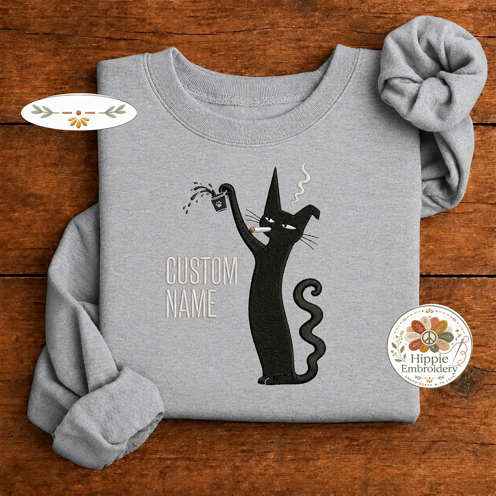 Custom Name Smoking Black Cat Embroidered Sweatshirt, Coffee Crew