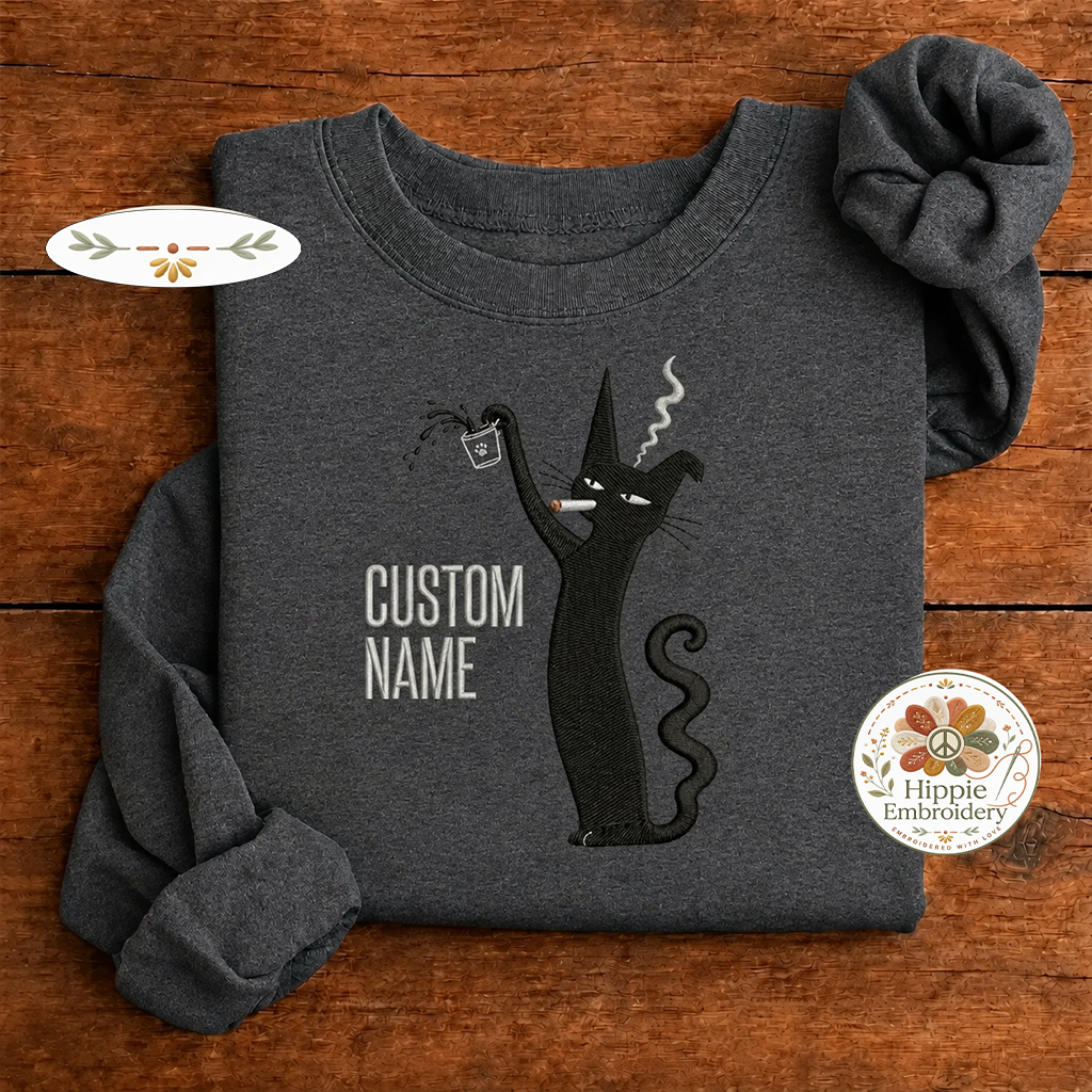 Custom Name Smoking Black Cat Embroidered Sweatshirt, Coffee Crew