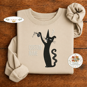 Custom Name Smoking Black Cat Embroidered Sweatshirt, Coffee Crew