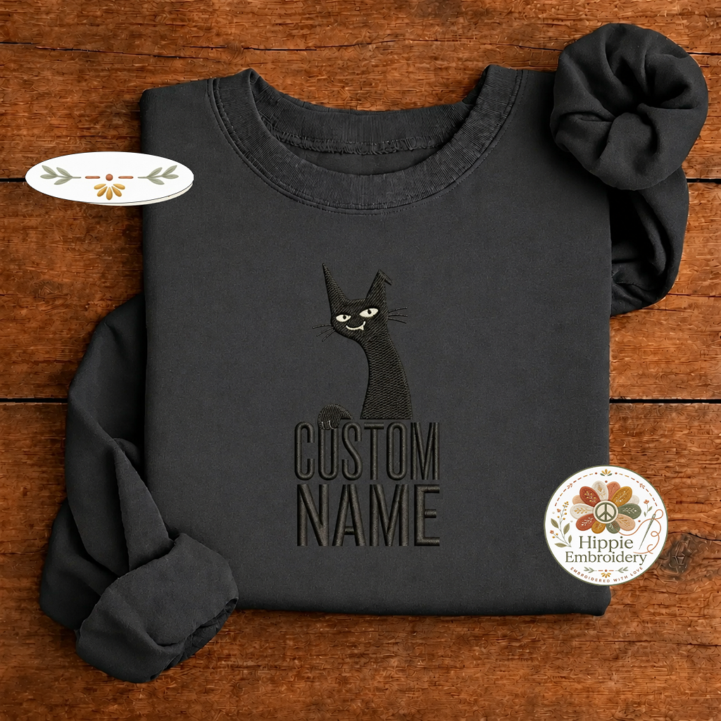 Custom Name Smug Black Cat Embroidered Sweatshirt, Sarcastic Crew