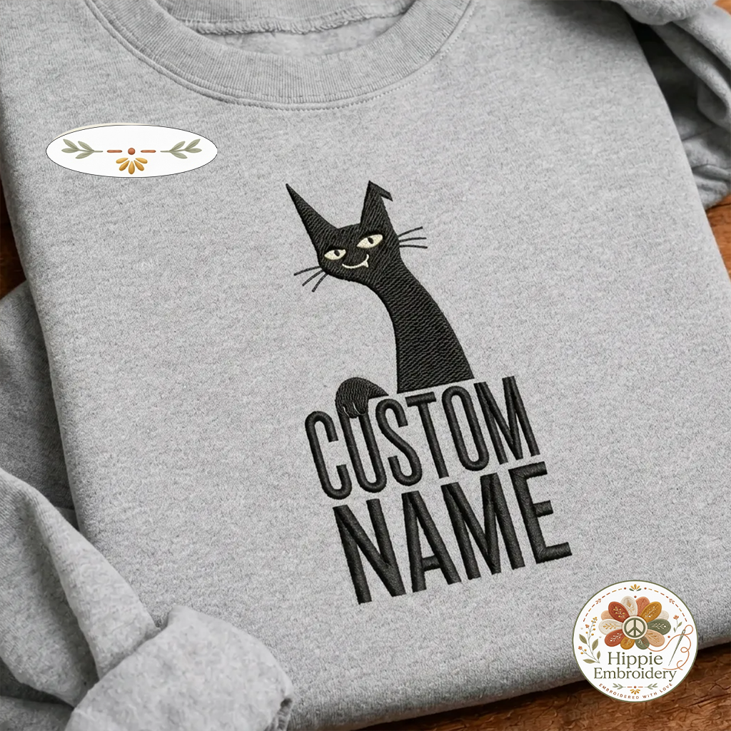 Custom Name Smug Black Cat Embroidered Sweatshirt, Sarcastic Crew