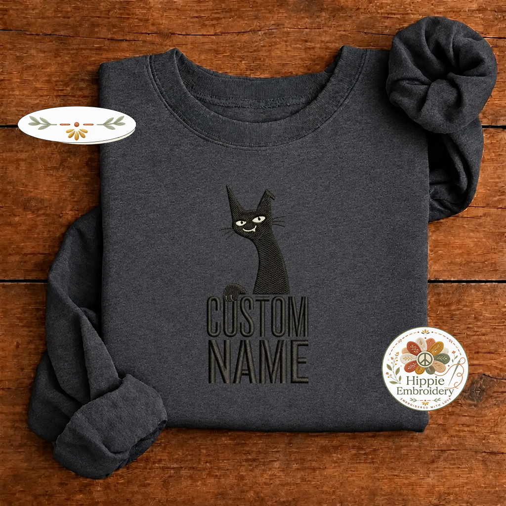 Custom Name Smug Black Cat Embroidered Sweatshirt, Sarcastic Crew