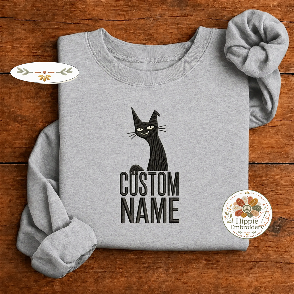Custom Name Smug Black Cat Embroidered Sweatshirt, Sarcastic Crew