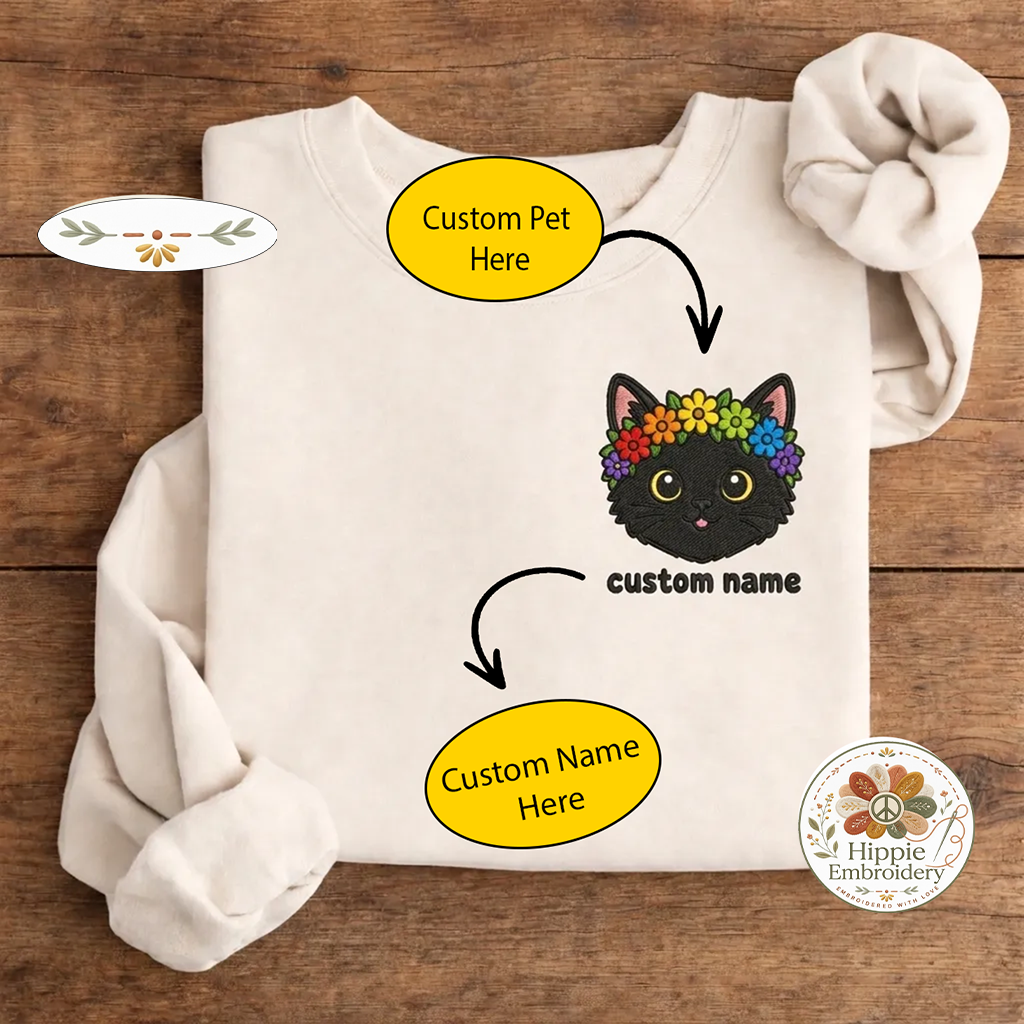 Custom Pet Photo Flower Crown Embroidered Sweatshirt, Portrait Crew