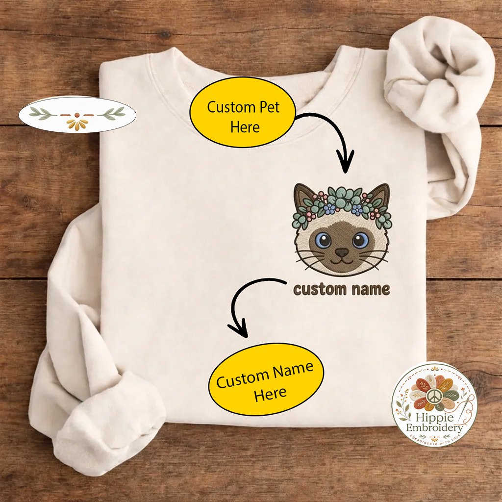 Custom Pet Photo Flower Crown Embroidered Sweatshirt, Portrait Crew