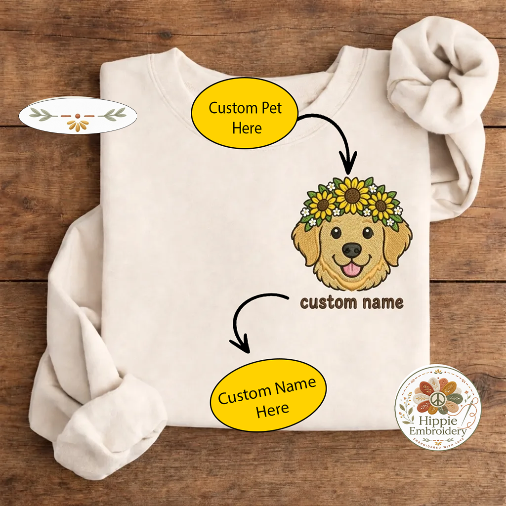 Custom Pet Photo Flower Crown Embroidered Sweatshirt, Portrait Crew