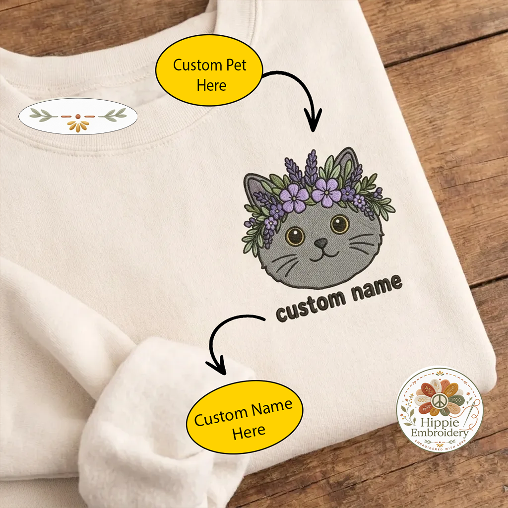 Custom Pet Photo Flower Crown Embroidered Sweatshirt, Portrait Crew